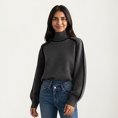 Women's Turtleneck Pullover Top with Contrast Trim Details and Ribbed Hemline