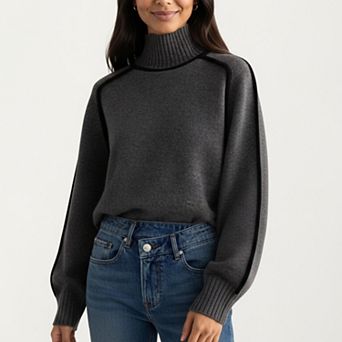 Women's Turtleneck Pullover Top with Contrast Trim Details and Ribbed Hemline
