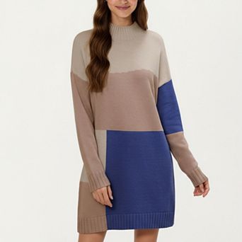 Women’s Colorblock Knit Sweater Dress with Long Sleeves and Soft Ribbed Edges
