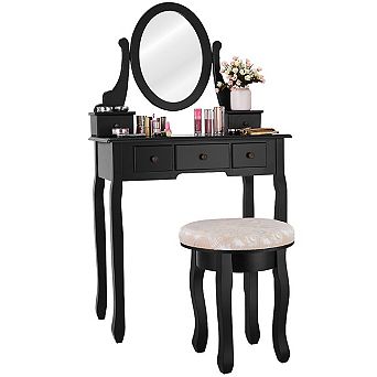 Costway Vanity Table Makeup Table Cushioned Mirror 5 Drawers Black