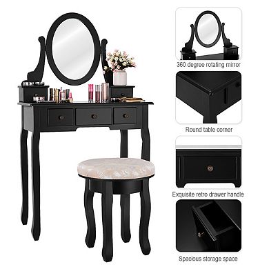 Costway Vanity Table Makeup Table Cushioned Mirror 5 Drawers Black