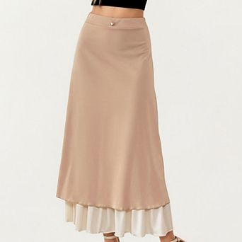 Women’s Layered Midi Skirt with Smooth Satin Finish Soft Flowing Silhouette