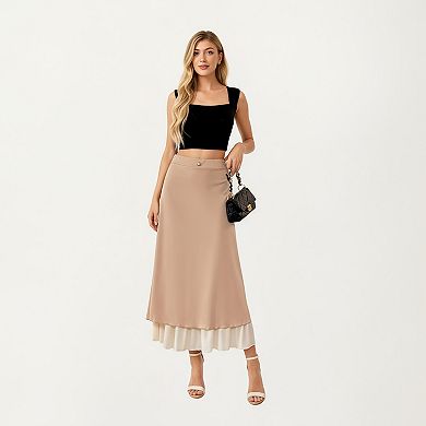Women’s Layered Midi Skirt with Smooth Satin Finish Soft Flowing Silhouette