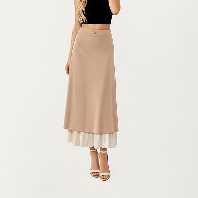 Women’s Layered Midi Skirt with Smooth Satin Finish Soft Flowing Silhouette