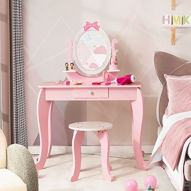 Costway Kid Vanity Table Stool Set with Adjustable Mirror Storage Drawer Makeup Pink