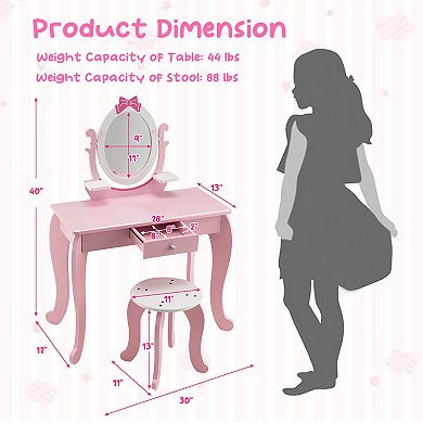 Costway Kid Vanity Table Stool Set with Adjustable Mirror Storage Drawer Makeup Pink