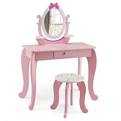 Costway Kid Vanity Table Stool Set with Adjustable Mirror Storage Drawer Makeup Pink