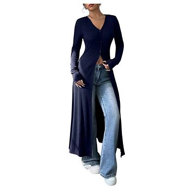 Women's Long Cardigan V Neck Button Down Long Sleeve Ribbed Knit Slit Sweater Casual Going Out Tops