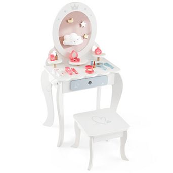 Costway Kids Vanity Set Makeup Table & Chair Sweet Accessories Included Storage Drawer