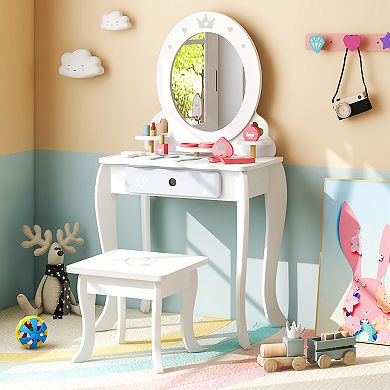 Costway Kids Vanity Set Makeup Table & Chair Sweet Accessories Included Storage Drawer