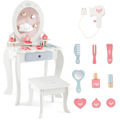 Costway Kids Vanity Set Makeup Table & Chair Sweet Accessories Included Storage Drawer