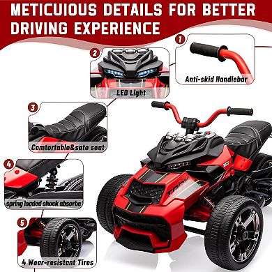 12V Kids Ride-On ATV, 3-Wheeler Electric Toy Car with LED Lights & Music