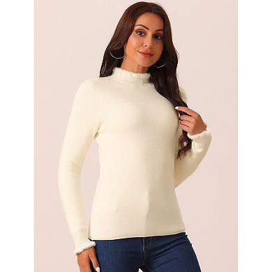 Women's Fall Winter Mock Neck Long Sleeve Fluffy Cuff Casual Slim Fit Sweater Top