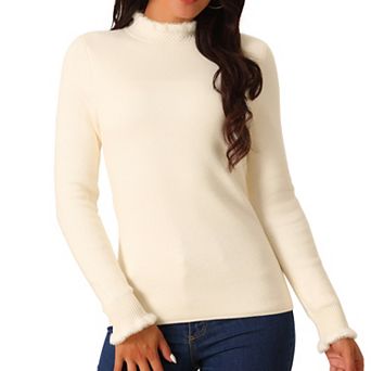Women's Fall Winter Mock Neck Long Sleeve Fluffy Cuff Casual Slim Fit Sweater Top