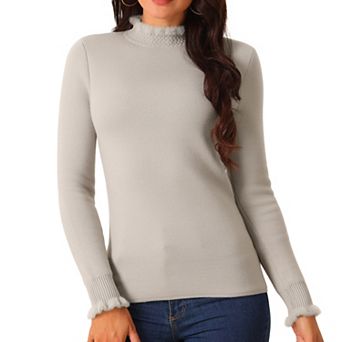 Women's Fall Winter Mock Neck Long Sleeve Fluffy Cuff Casual Slim Fit Sweater Top