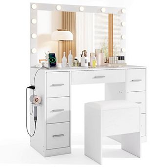 Costway Vanity Desk with Mirror and Lights Storage Stool Power Outlets 3 Lighting Colors