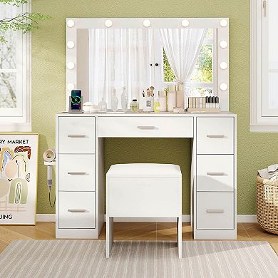 Costway Vanity Desk with Mirror and Lights Storage Stool Power Outlets 3 Lighting Colors