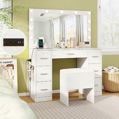 Costway Vanity Desk with Mirror and Lights Storage Stool Power Outlets 3 Lighting Colors