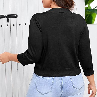 Plus Size Cropped Cardigan Casual 3/4 Sleeve Open Front Knit Sweater Coat