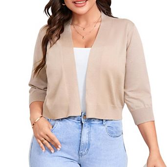 Plus Size Cropped Cardigan Casual 3/4 Sleeve Open Front Knit Sweater Coat