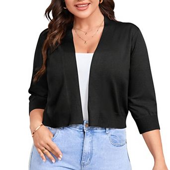 Plus Size Cropped Cardigan Casual 3/4 Sleeve Open Front Knit Sweater Coat