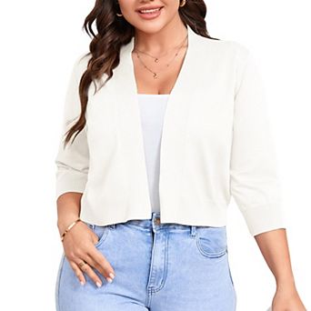 Plus Size Cropped Cardigan Casual 3/4 Sleeve Open Front Knit Sweater Coat