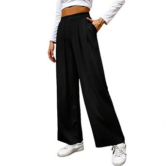 Women's Wide Leg Pants Elastic High Waisted Waffle Knit Casual Palazzo Pants Trousers with Pockets