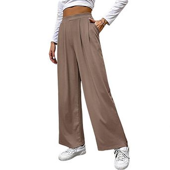 Women's Wide Leg Pants Elastic High Waisted Waffle Knit Casual Palazzo Pants Trousers with Pockets