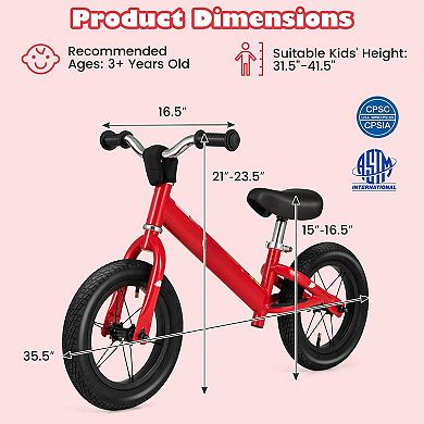12 Inch Toddler Balance Bike with Adjustable Handlebar and Seat