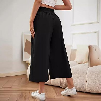 Women's Casual Versatile Cropped Trousers Loose Wide Leg Style With Pockets