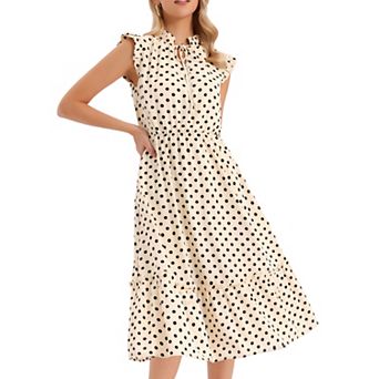 Polka Dot Dress for Women's Summer Ruffle Sleeve Tie V Neck Casual Beach Vacation Midi Dresses