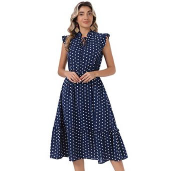 Polka Dot Dress for Women's Summer Ruffle Sleeve Tie V Neck Casual Beach Vacation Midi Dresses