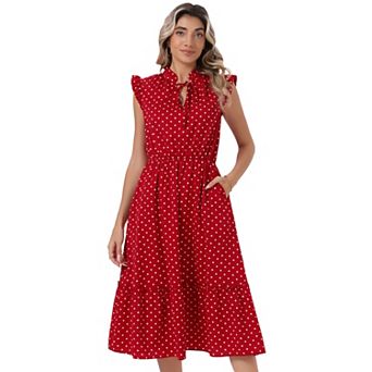 Polka Dot Dress for Women's Summer Ruffle Sleeve Tie V Neck Casual Beach Vacation Midi Dresses