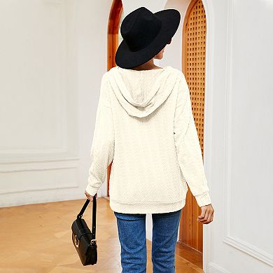 Womens Hooded Tie Neck Long Sleeve Cable Casual Sweatshirt Pullover Top