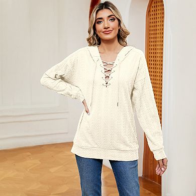 Womens Hooded Tie Neck Long Sleeve Cable Casual Sweatshirt Pullover Top