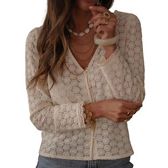 Women's Fall Lace Cardigan Shirt Button Front V Neck Floral Long Sleeve Casual Elegant Everyday Top