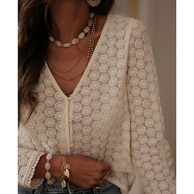 Women's Fall Lace Cardigan Shirt Button Front V Neck Floral Long Sleeve Casual Elegant Everyday Top