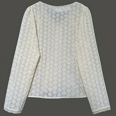 Women's Fall Lace Cardigan Shirt Button Front V Neck Floral Long Sleeve Casual Elegant Everyday Top