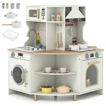 Wooden Corner Play Kitchen 31.5 in Tall with Working Faucet and Three Doors