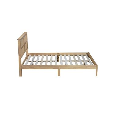 Whisen Queen Size Rubber Wooden Bed with Rattan Headboard, Enhanced Support, and Functional Design