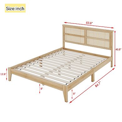 Whisen Queen Size Rubber Wooden Bed with Rattan Headboard, Enhanced Support, and Functional Design
