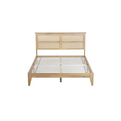 Whisen Queen Size Rubber Wooden Bed with Rattan Headboard, Enhanced Support, and Functional Design