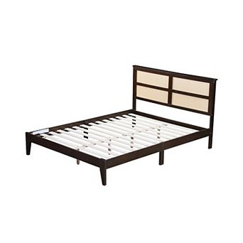 Whisen Queen Size Rubber Wooden Bed with Rattan Headboard, Enhanced Support, and Functional Design