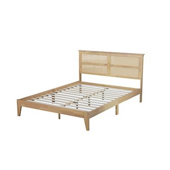 Whisen Queen Size Rubber Wooden Bed with Rattan Headboard, Enhanced Support, and Functional Design