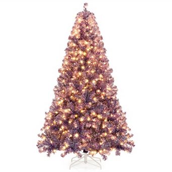 Gymax 7.5 FT Pre-Lit Tinsel Christmas Tree Artificial Xmas Tree w/ 1300 Lush Branch Tips