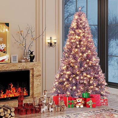 Gymax 7.5 FT Pre-Lit Tinsel Christmas Tree Artificial Xmas Tree w/ 1300 Lush Branch Tips