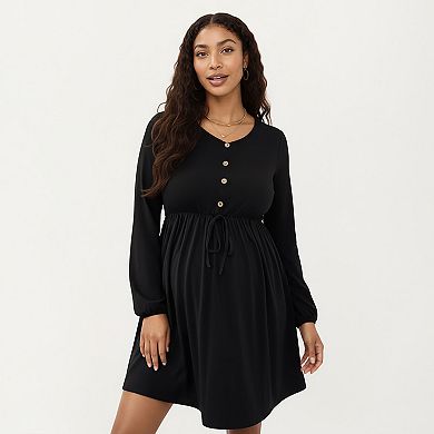 Women’s Maternity Dress with Long Sleeves Soft Stretch Fabric Button Front Accents