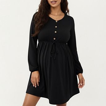 Women’s Maternity Dress with Long Sleeves Soft Stretch Fabric Button Front Accents