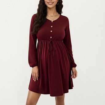 Women’s Maternity Dress with Long Sleeves Soft Stretch Fabric Button Front Accents