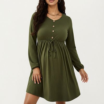 Anna-Kaci Women s Maternity Dress with Long Sleeves Soft Stretch Fabric Button Front Accents and Adjustable Drawstring Empire Waist Silhouette -